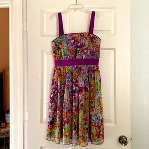 Beautiful watercolor look, floral silk dress with removable straps. Fully lined